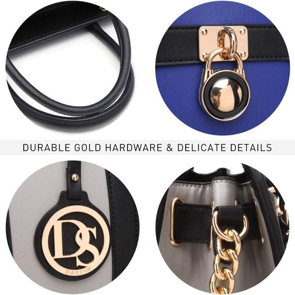 Two Tone Satchel Handbags Purses for Women Vegan Leather Shoulder Bags Large Tot - Picture 6 of 6